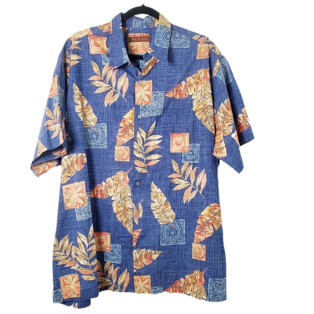 Tori Richard 2XB Blue Tropical Leaf Cotton Lawn Button Down Shirt Hawaiian Men's